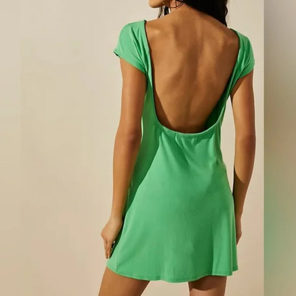 Free People Beach Mini Dress Medium Green Rosalina Low Back Short Sleeve NWT